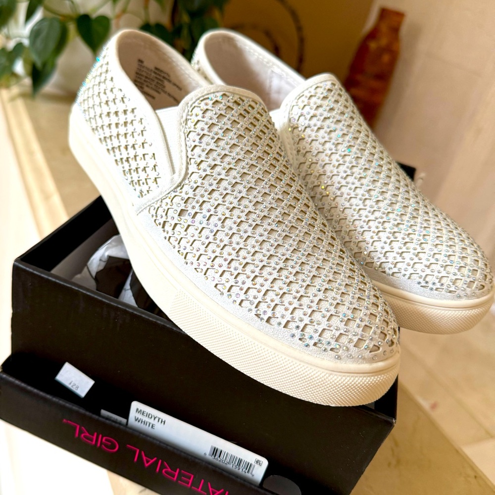 Material Girl slip on flat sneakers with bling  MEIDYTH WHITE color size 8
